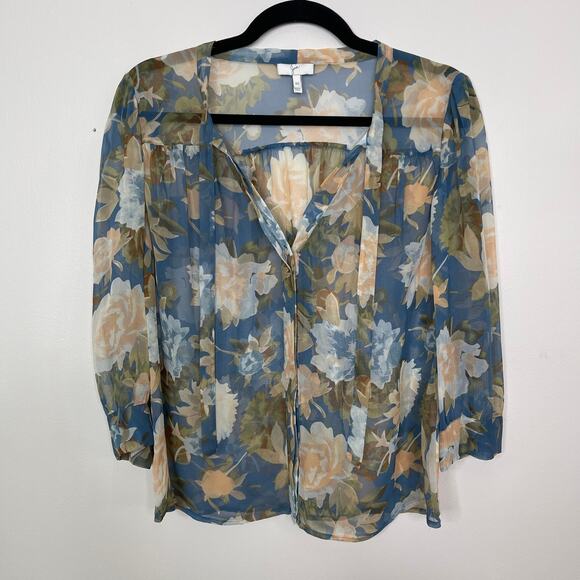 Joie XSmall XS Blue Floral Sheer Bow Tie Front Blouse Top Boho Cottage Core - Picture 1 of 8
